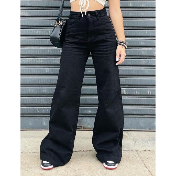 Calça Wide Leg Jeans Pantalona Black Color Tendencia Moda Gringa Estilosa