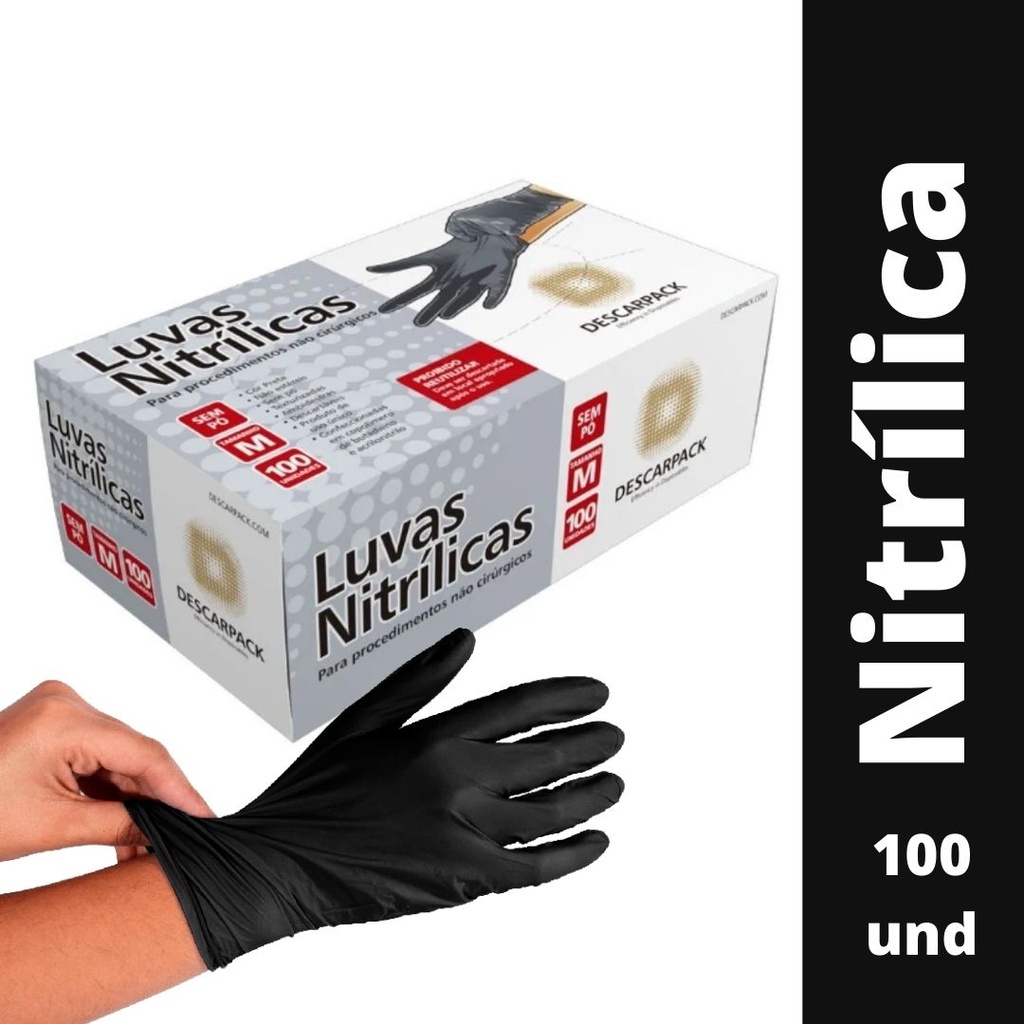 Luva Nitrilica Preta S Pó Descarpack Tamanho P M G