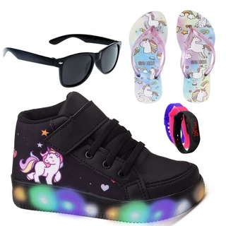 Kit Tenis Feminino Infantil Botinha Unicornio De Led Meninas Cano Alto + Chinelo + Óculos + Relógio Linkito