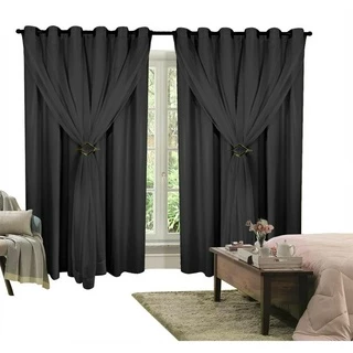 Cortina Corta Luz 4,00m X 2,30m 100% Blackout Com Voil Preto Para Sala Ou Quarto Para Varão Simples