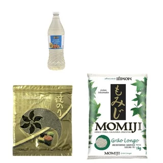 Kit Sushi 3 Ítens Itens Arroz Momiji 1kg + Nori Gold 10 Folhas + Tempero Kenko Tradicional Japonês - Three Foods Distribuidora