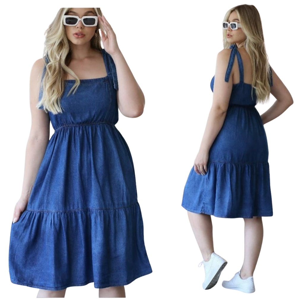 Vestido Jeans Midi Alça com Amarração Moda Casual Verão Lançamento