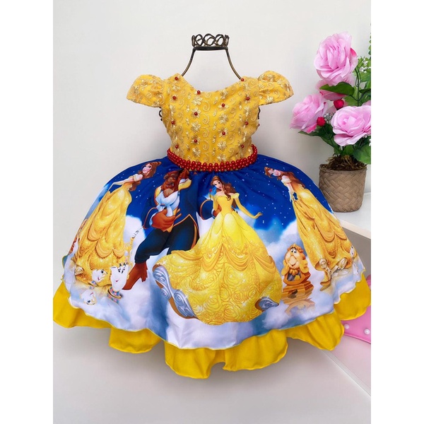 VESTIDO INFANTIL PRINCESA BELA E A FERA AMARELO C/ PÉROLAS