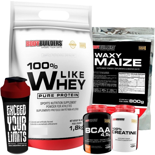 Kit Like Whey Morango 1.8kg + Waxy Maize 800g + Creatine 100g + Bcaa 100g + Coqueteleira – Bodybuilders