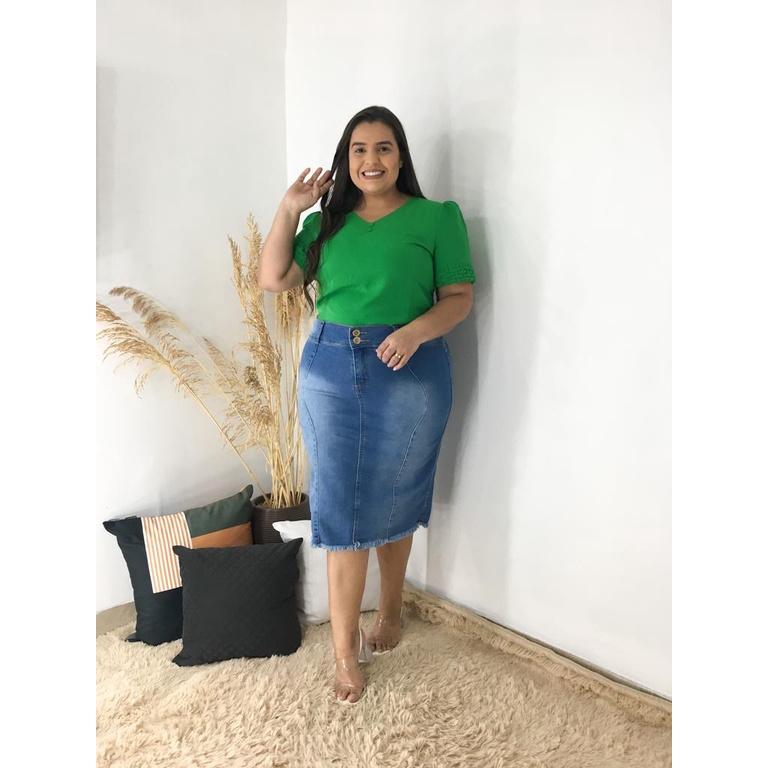 Saia Jeans Plus Size C/ Lycra 48 Ao 54 Moda Evangélica