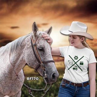 Blusa T Shirt Branca Feminina Estampa Trator Boi Country BF170