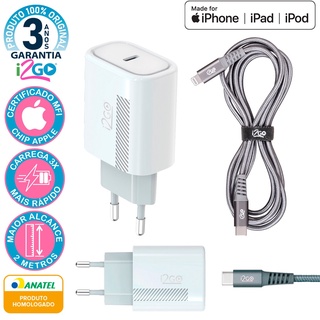 Kit Carregador de Parede Ultra Rápido com 1 Saída USB-C Power Delivery 20W  + Cabo iPhone/Lightning + USB-C i2GO Certificado MFi 1,5m 3A Branco - I2GO