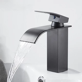 Torneira Banheiro Lavatório Misturador Cascata Curva Baixa Preta Água Quente E Fria