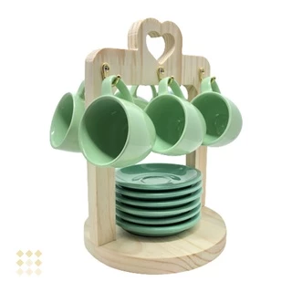 Jogo 6 Xicara Cafe Com Pires Porcelana Verde com Suporte Coracao - Mundo da Porcelana