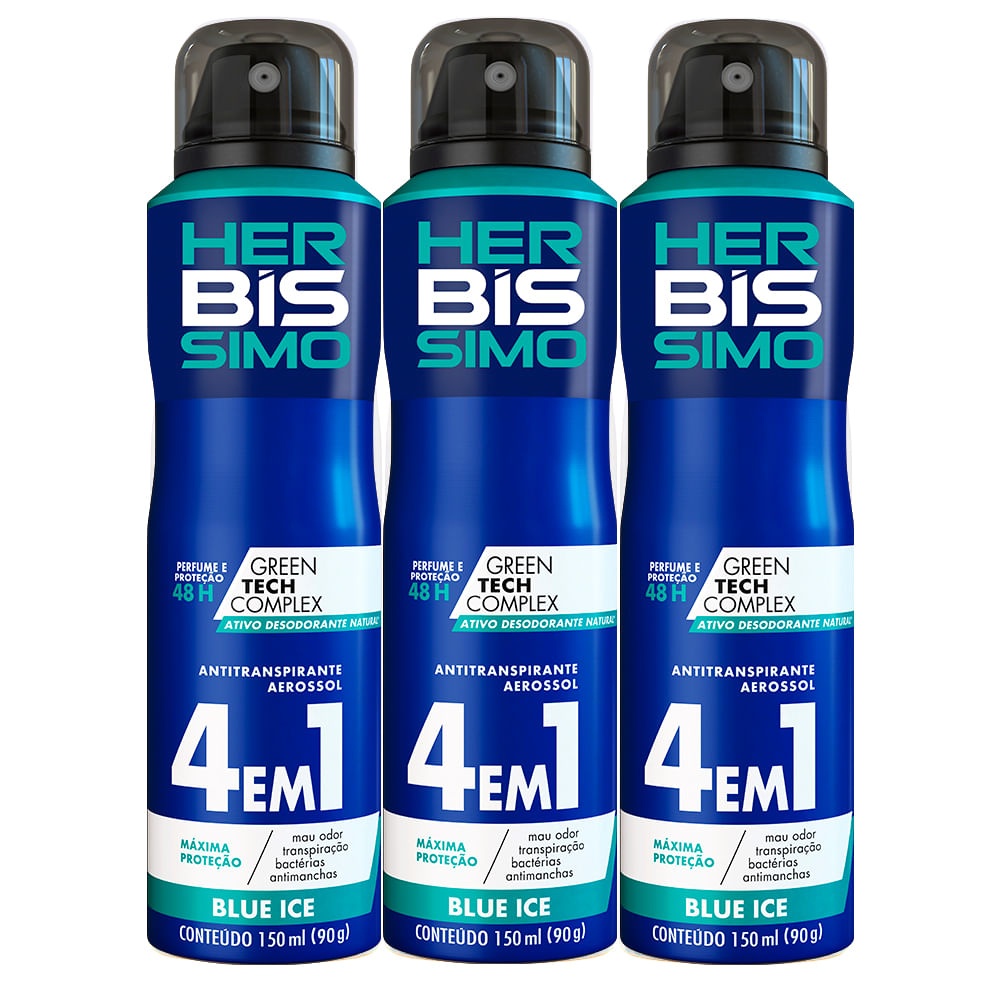 Kit Desodorante Aerosol Antitranspirante Herbissimo Blue Ice 150Ml com 3 Unidades
