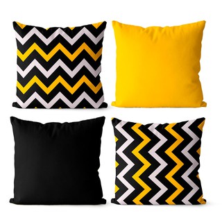 Kit 4 capas de almofadas geométrica chevron preto e amarelo
