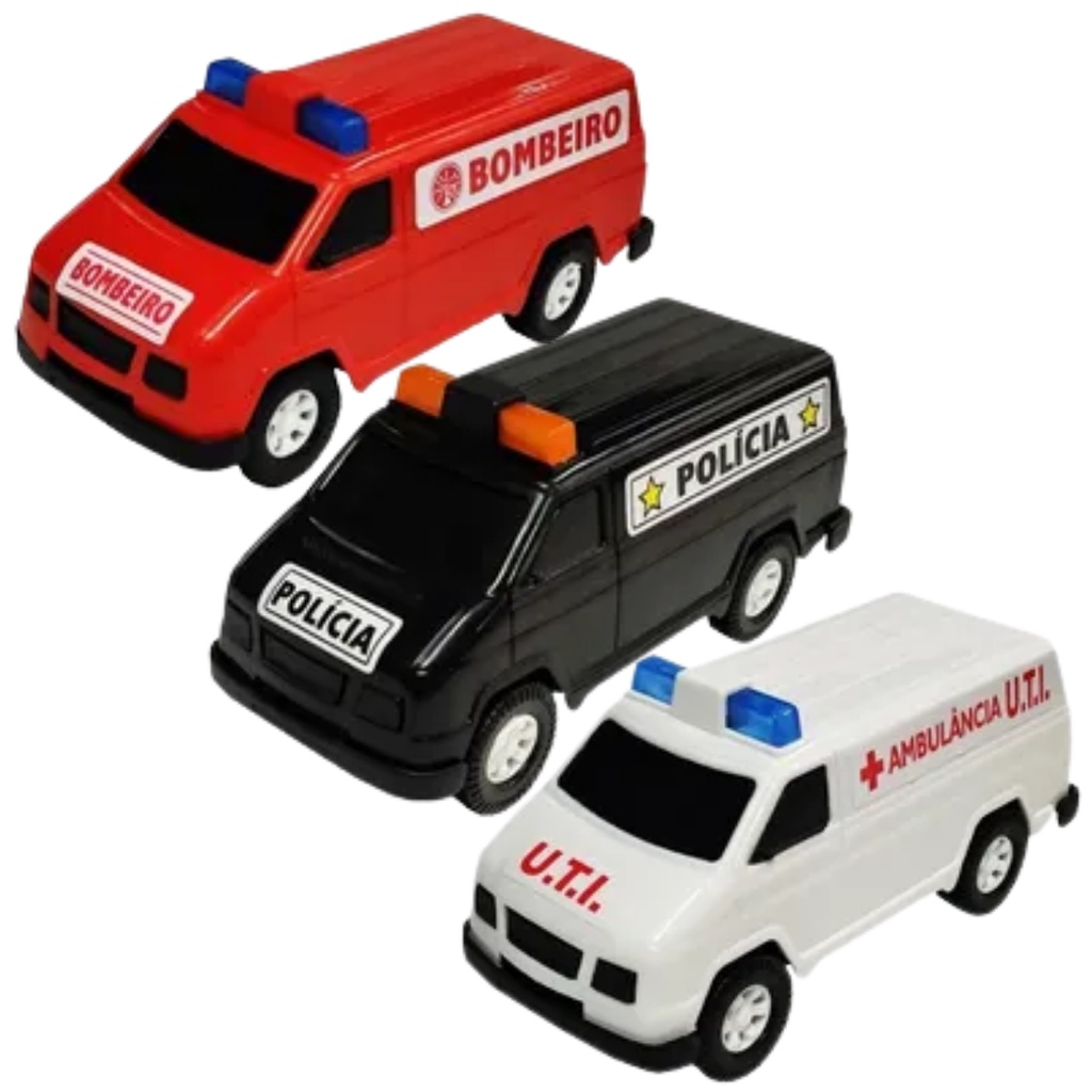 Kit 3 Carrinhos Policia Ambulância Bombeiro Carro Van Furgão Brinquedo Infantil Atacado Promoção