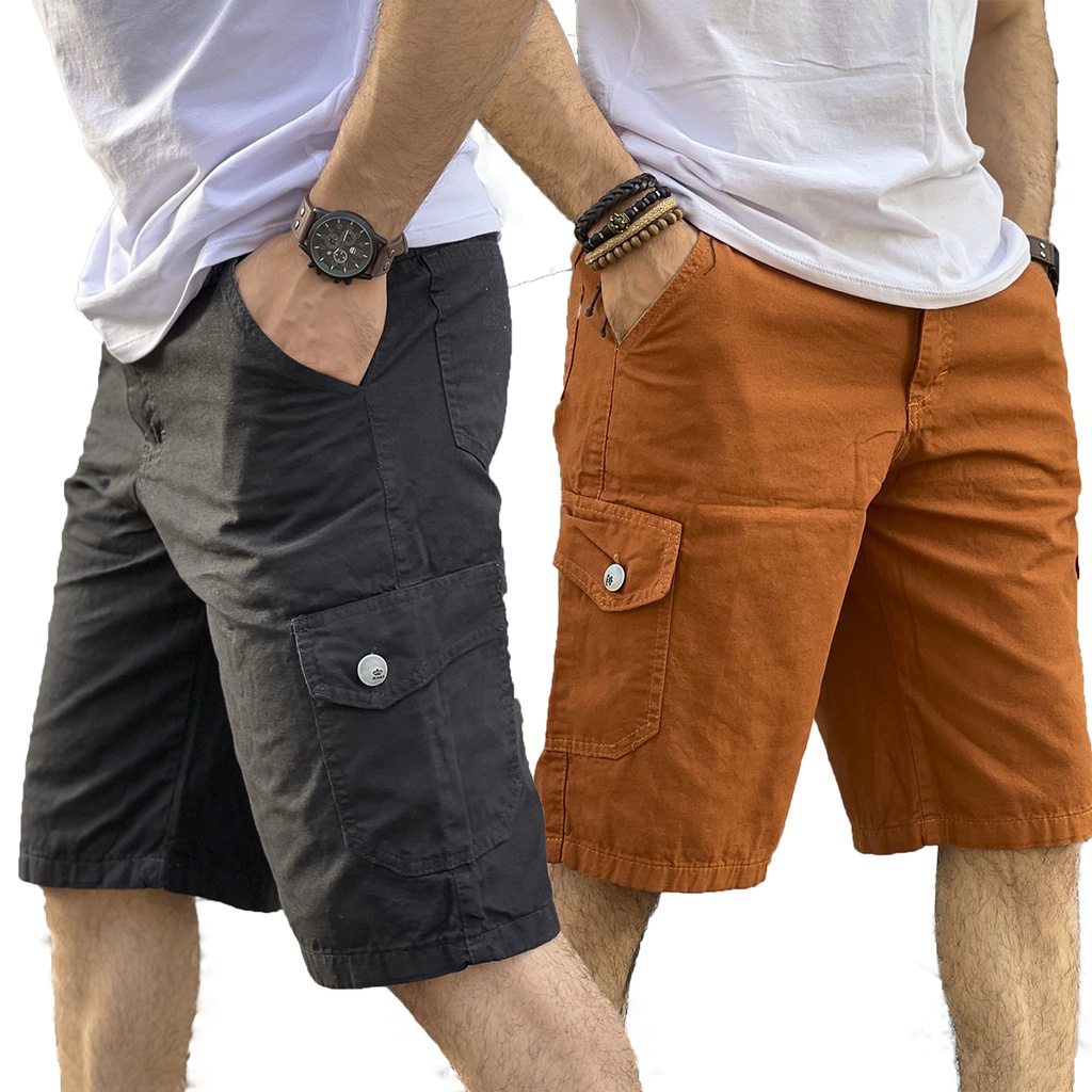 Kit 2 Bermudas Cargo Militar Short 6 Bolsos Sarja Brim