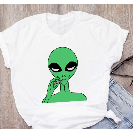 Camiseta Algodão Unissex Alien ET Baseado Moda Tumblr Cannabis Desenho