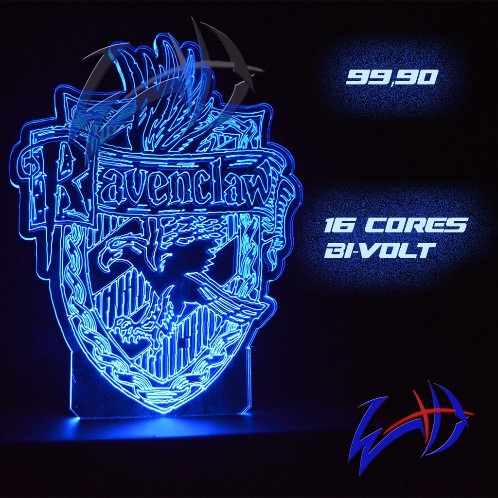 Luminária Acrílico Luminoso Abajur 3D LED Harry Potter Ravenclaw Corvinal 16 Cores RGB-W