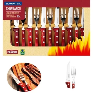 Kit Churrasco Tramontina 12 Peças Jogo De Talheres Jumbo Inox Cabos Em Madeira Polywood