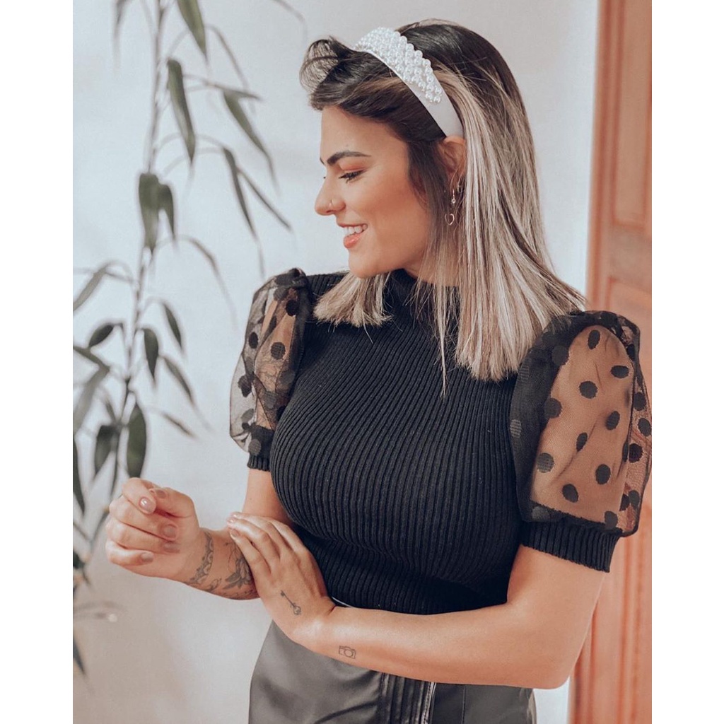 Blusa Tule Manga Curta Transparente Camisa Elegante Poá Envio Rápido