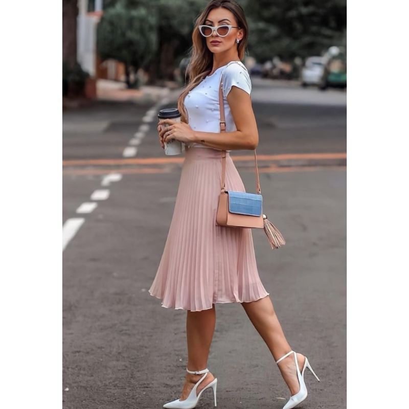 Saia Midi Plissada Moda Feminina Evangelica Elegante Cintura Alta