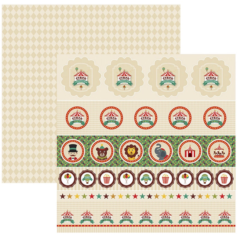 Papel Scrapbook Circo Vintage Selos e Tags 30,5x30,5cm 180g/m2