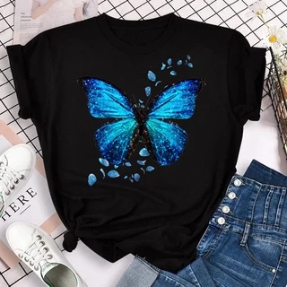 Nova moda feminina camiseta azul borboleta e folhas estampado manga curta casual solto tamanho grande blusa gola alta primavera verão mulheres roupas pretas e brancas