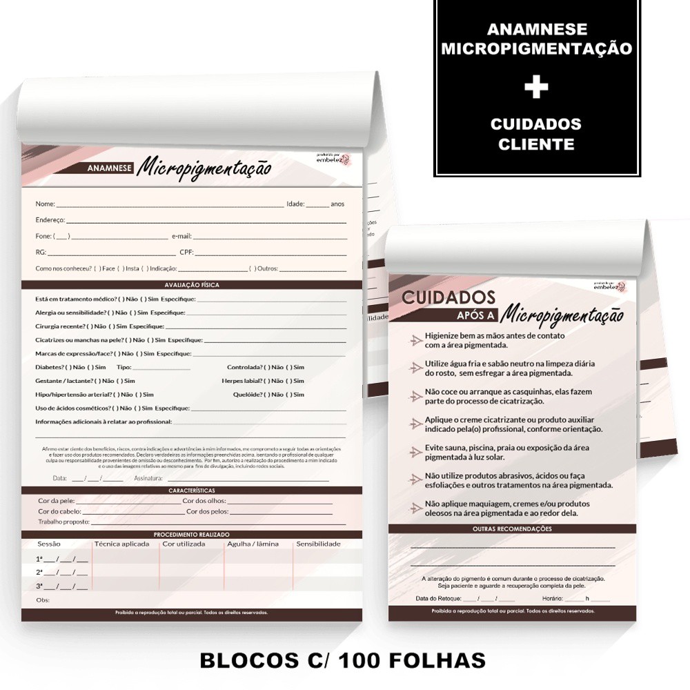 Ficha Anamnese Micropigmentação + Cuidados Cliente - 100 Folhas - ROSA.  Aproveite as melhores ofertas em produtos para Estética , Saúde , Beleza  Clique agora!