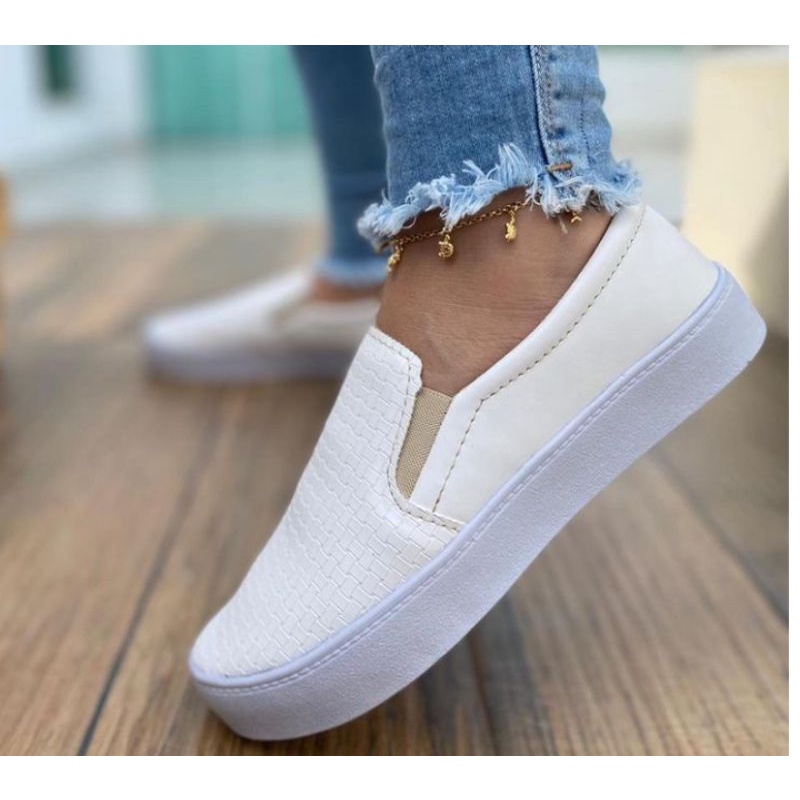 Tênis Feminino Branco Slip on Confortável Promoção Tênis Feminino Branco  Casual Sapatenis leve Confortável