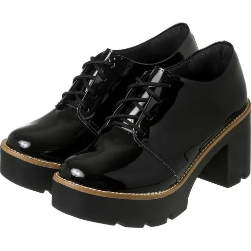 Sapato Oxford Feminino Salto Tratorado Liso Preto Verniz