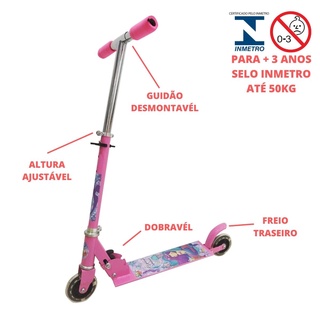 Patinete 2 Rodas Rosa Infantil Com Luz Dobrável Suporta 50kg