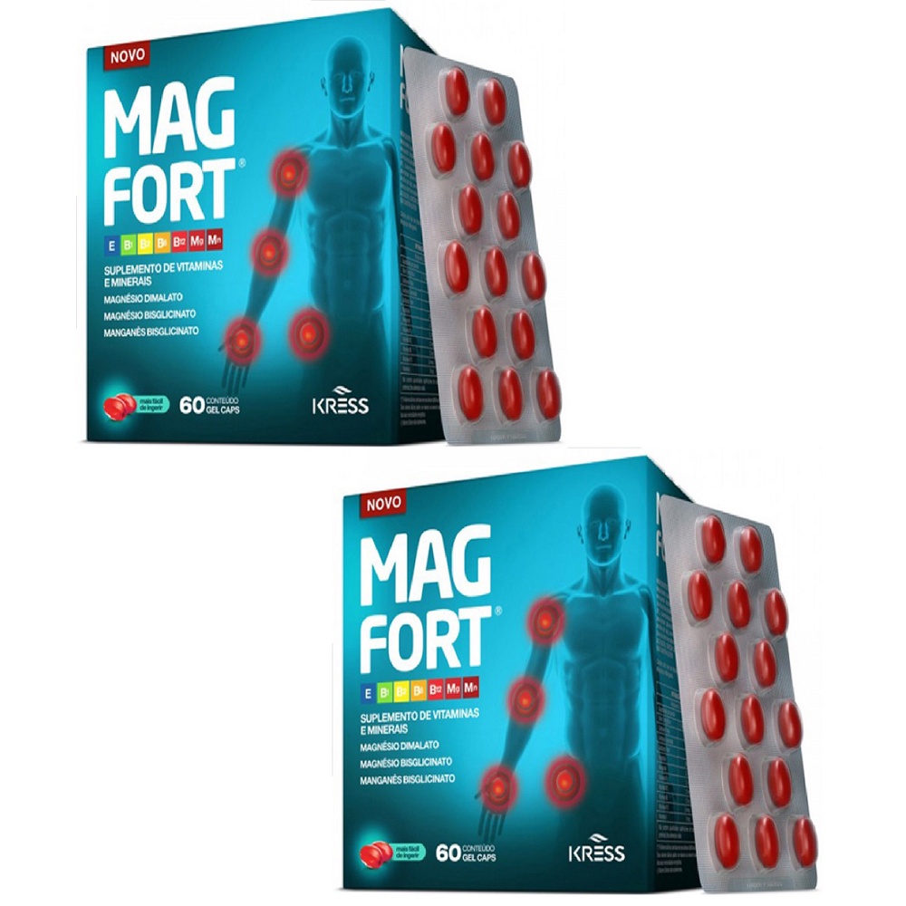 Magfort 2x60 dor crônica dimalato magnésio fraqueza muscular atleta dor ...