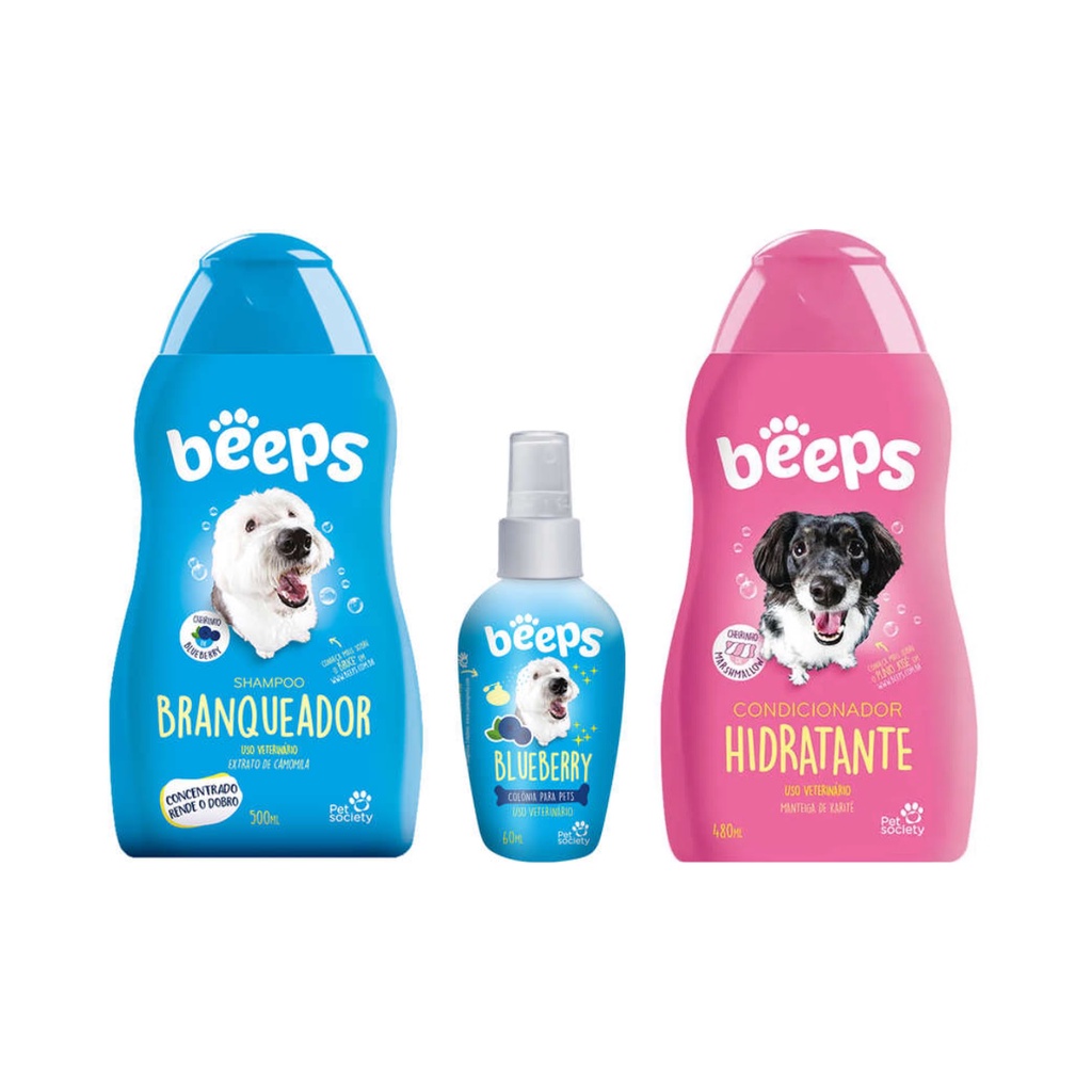 Kit Banho e Tosa Shampoo Branqueador Beepss + Condicionador Hidratante + Colônia Blue Berry Beeps Cães Gatos