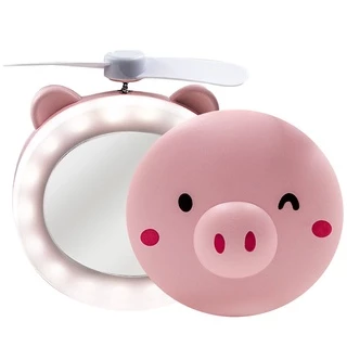 Mini Espelho Portátil de Maquiagem com Ventilador e Luz Pig Porquinho Rosa Haiz HZ-MZHU