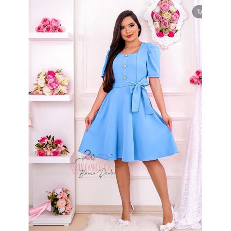 Vestido Plus Size Moda Evangélica Social Godê Com Cinto E Botões Azul Rodado Com Bolsos