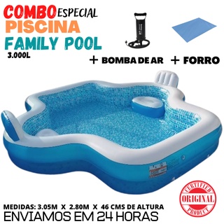 Piscina Família Premium 3.000 Litros com Assentos e Encostos - Family Pool Piscina Americana ORIGINAL 3.05M + Forro + Bomba de Inflar Hammer Air 30 cms