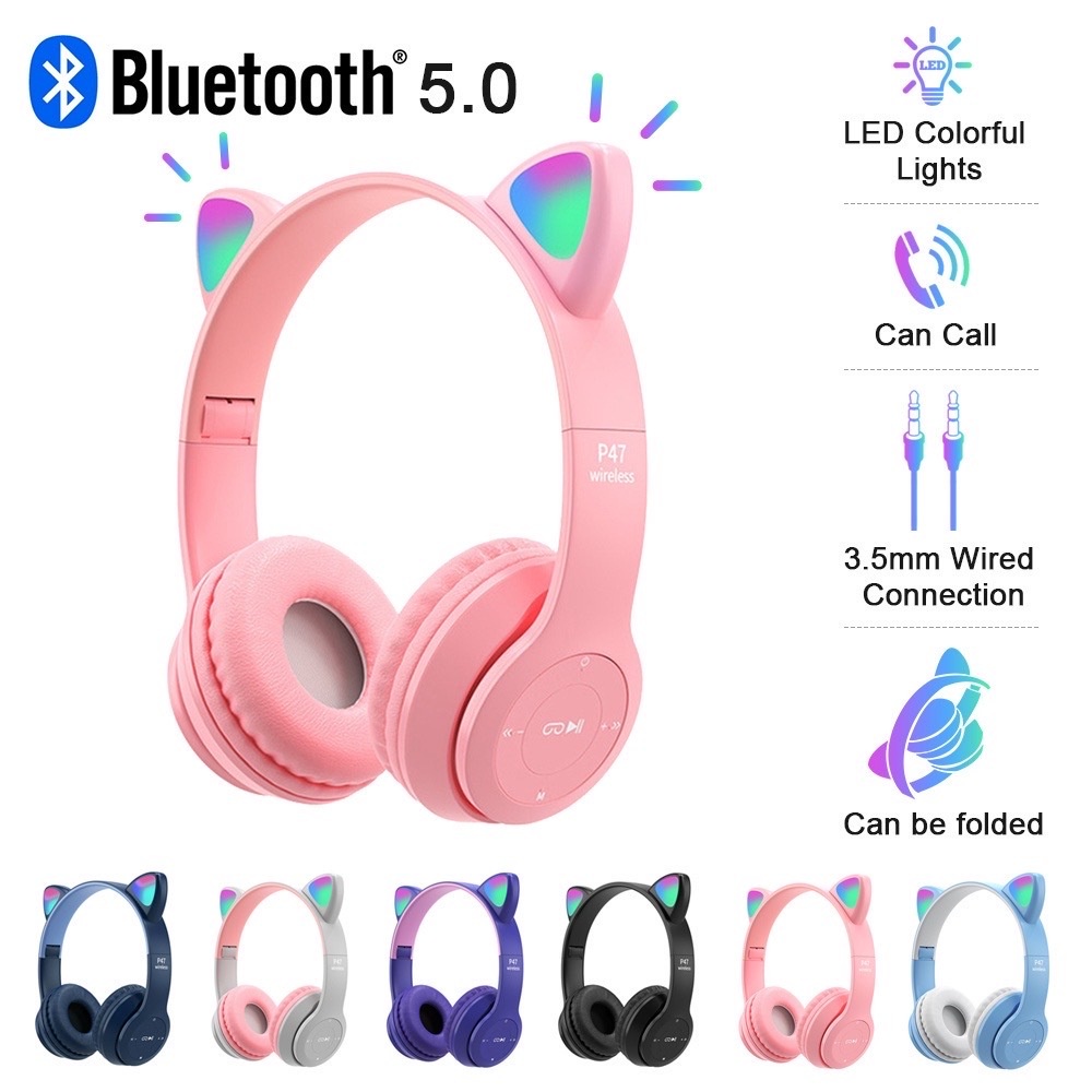 Fone Orelha De Gato Gatinho Headphone Bluetooth Led Sem Fio Com Microfone