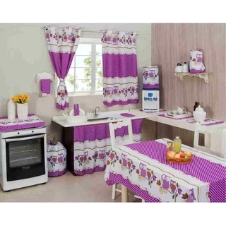 KIT 01 Jogo de Cozinha Tergal 8 Peças Com Cortina COMPLETO -