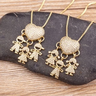 Novo Luxuoso Amor Coração Três Meninos Meninas Pingente Ouro Cor Zircônia Cúbica Fofa Crianças Colar Mulher Presente