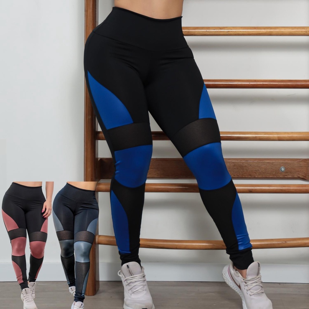 Calça Legging Fitness Feminina Punho com Recortes em Cirrê e Tela Tecido  Grosso