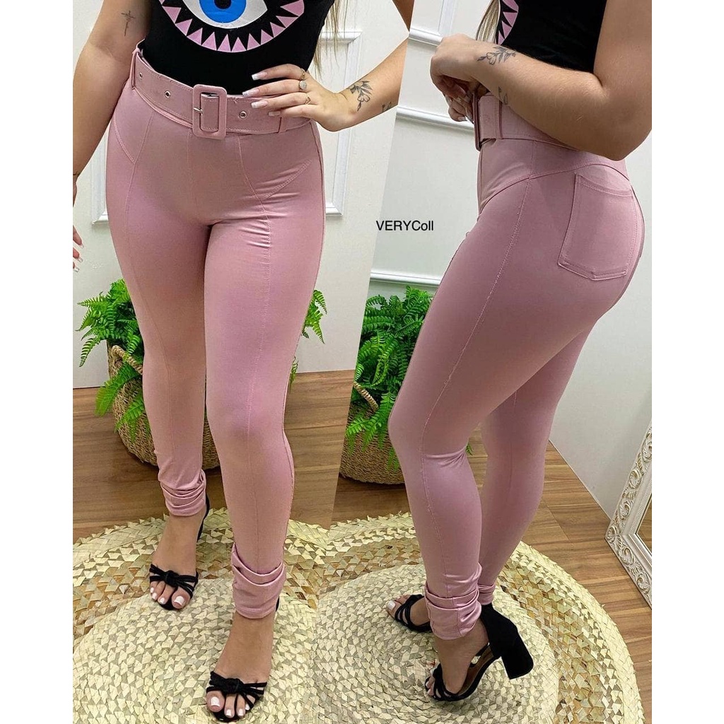 Calça legging Cirré Com Cinto Rosa