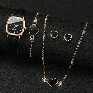 4pcs/Set Fashion Square Women Watches Small Dial Leather Band Quartz Watch Heart Jewelry (Sem Caixa)