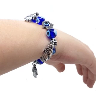 Pulseira Feminina Olho Grego e Mão de Fátima Mão Hamsá Azul