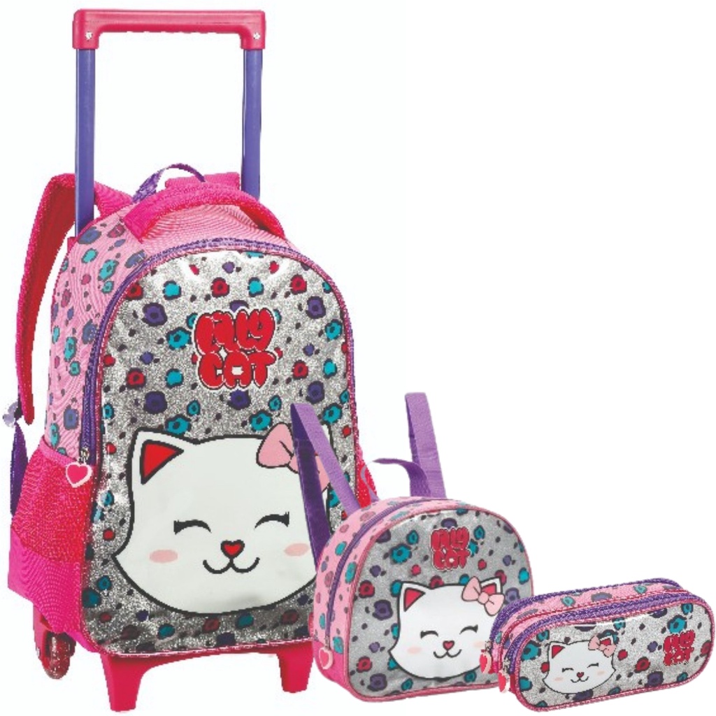 Kit de Mochila Infantil Rodinha Feminina com Lancheira Estojo