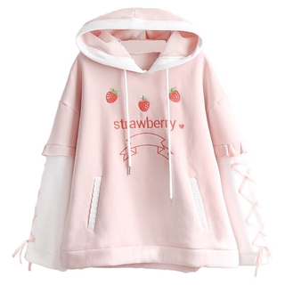 Moletom Feminino Com Capuz De Lã Estampa De Morangos Japonês Harajuku Kawaii