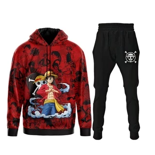 Conjunto Moletom One Piece Monkey D Luffy Blusa Bolso Capuz