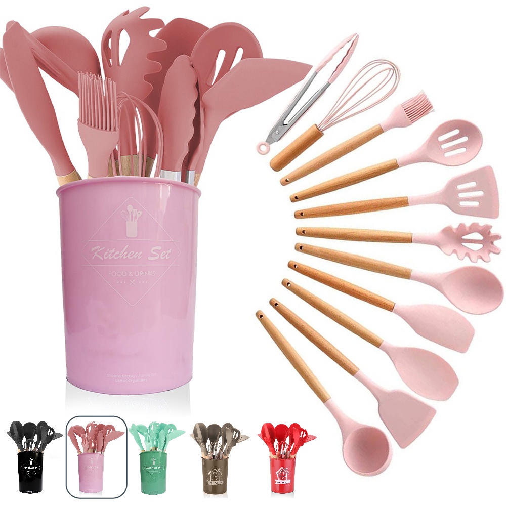 Jogo 12 Colheres De Silicone Cabo De Madeira Utensílios De Cozinha O Melhor Do Mercado Shopee 9105