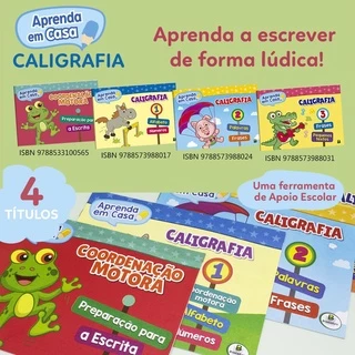 Kit 4 livros Caligrafia Aprenda em Casa desenvolvimento de coordenação Volume 1, 2 3 e 4 TodoLivro