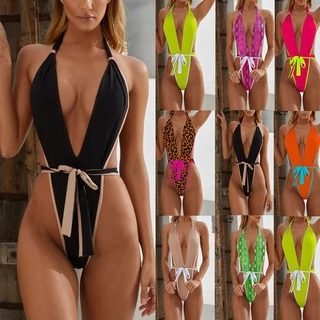 Fato De Banho De Uma Peça Com Contraste De Cor Feminino Corte De Perna Alta Sexy Bathers Wrap Belt Monokini Fio Dental