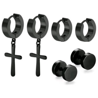 Kit 3 pares Brincos argola de aço Inoxidável Prata Preto masculino unissex.