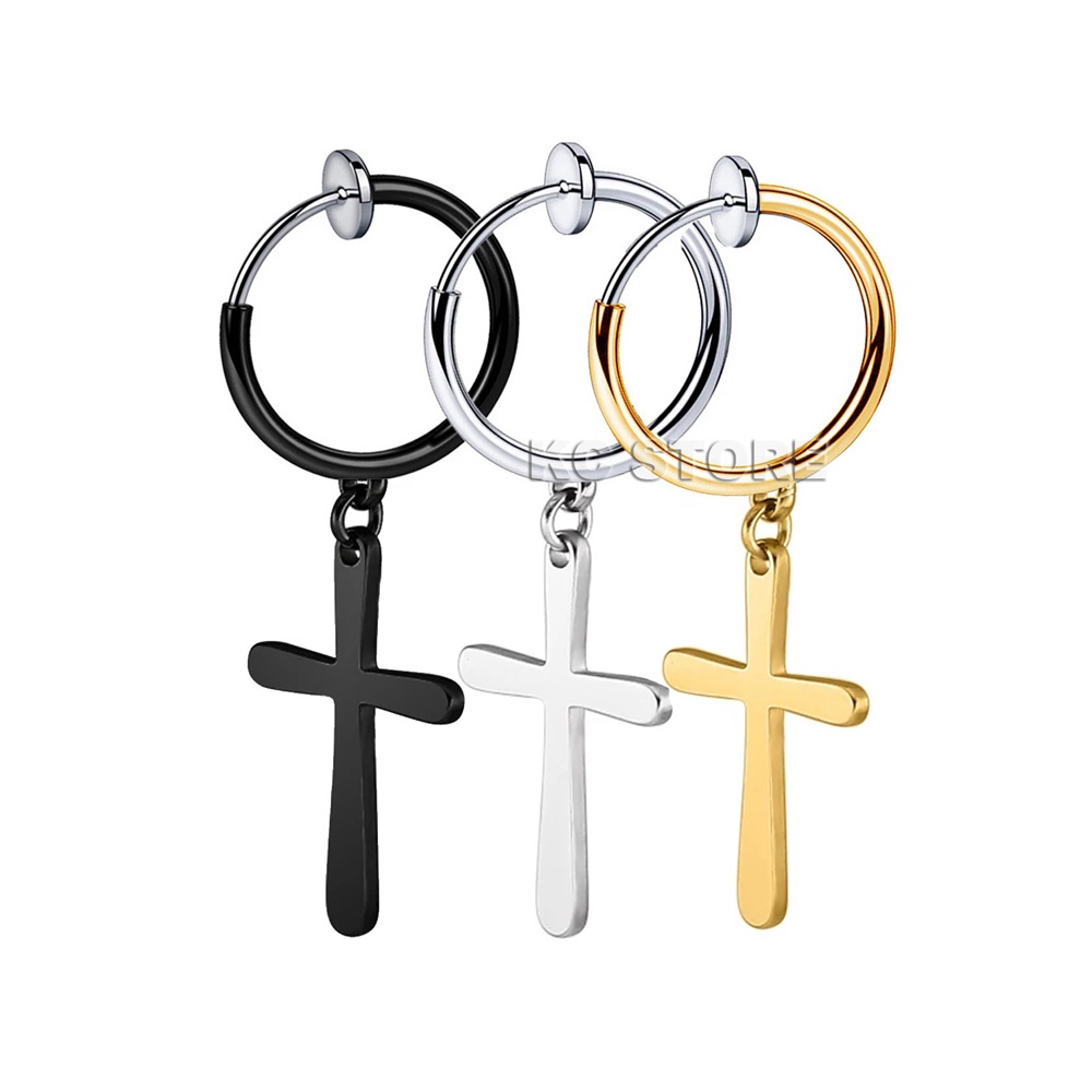 brinco de pressão masculino feminino argola cruz crucifixo em aço inox prata prateado preto dourado muito fácil de usar antialérgico não escurece