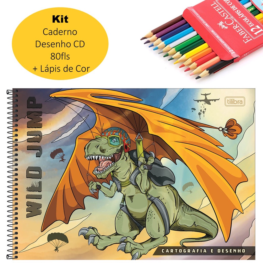 Kit Caderno de Desenho Dinossauro Raptor 80fls cd Tilibra + Lápis de Cor  Faber 12 Cores Escolar Infantil Fundamental no Shoptime
