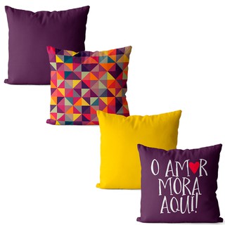 Kit 4 capas de almofadas geométrica roxo e amarelo